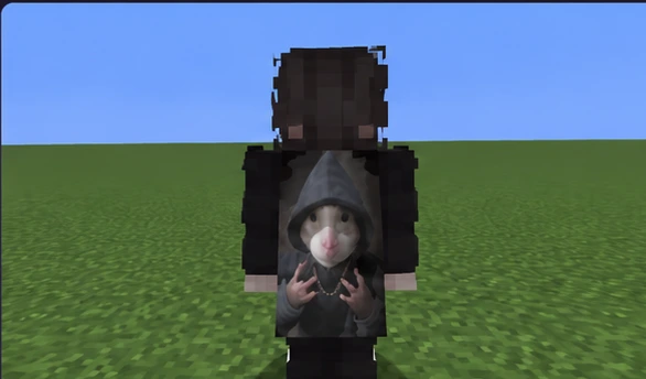 Minecraft-style preview of a player wearing the rat-image cape
